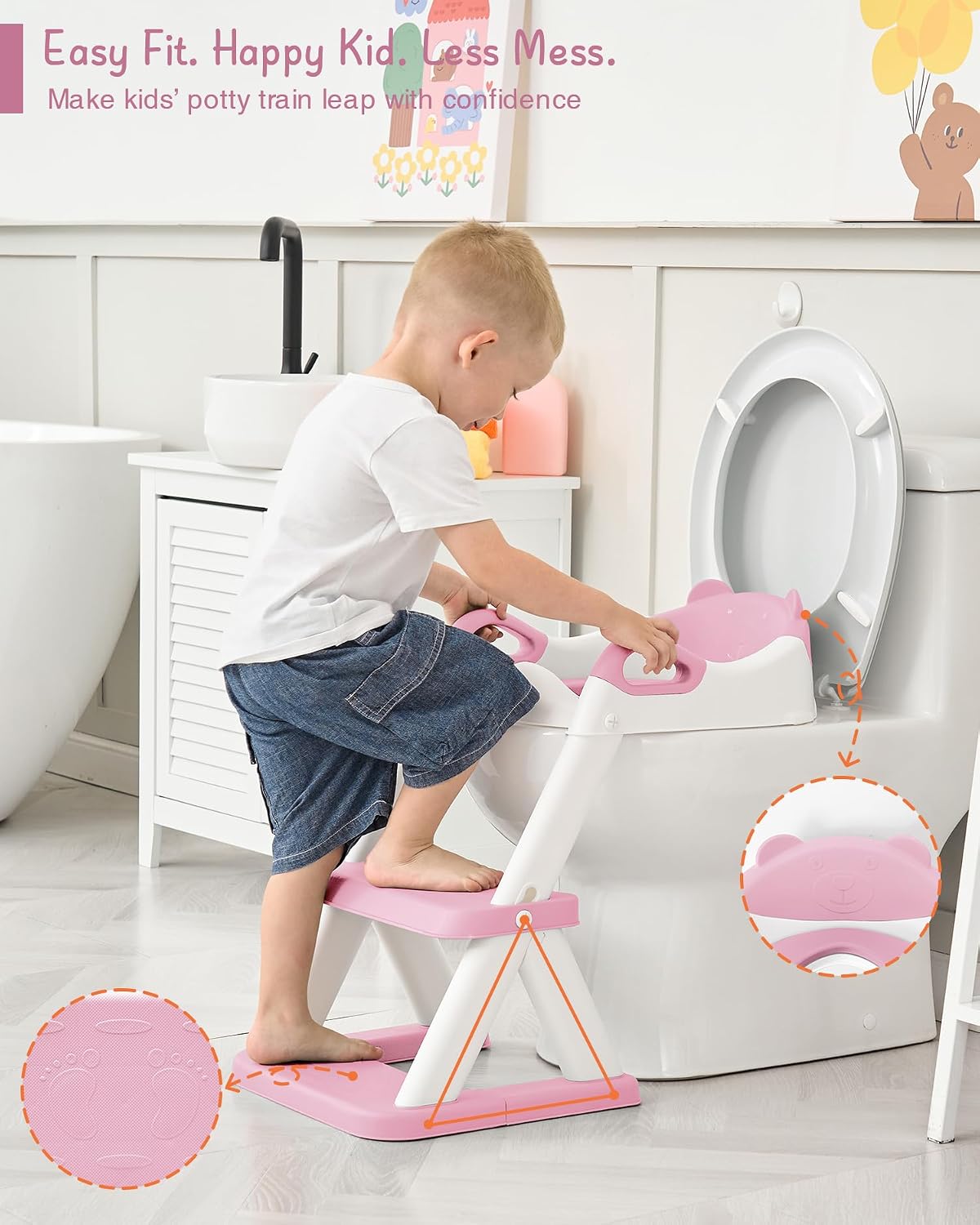 Potty Training Toilet Seat with Step Stool Ladder, Toddler Kids Potty Seat for Boys Girls, Non Slip Foldable Toilet Training Seat with Soft Cushion, Comfortable Handles (White-Grey)