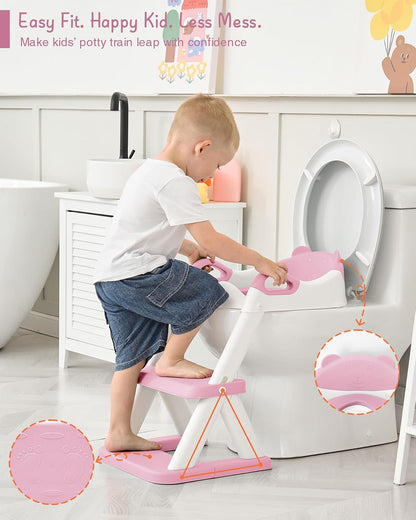 Potty Training Toilet Seat with Step Stool Ladder, Toddler Kids Potty Seat for Boys Girls, Non Slip Foldable Toilet Training Seat with Soft Cushion, Comfortable Handles (White-Grey)