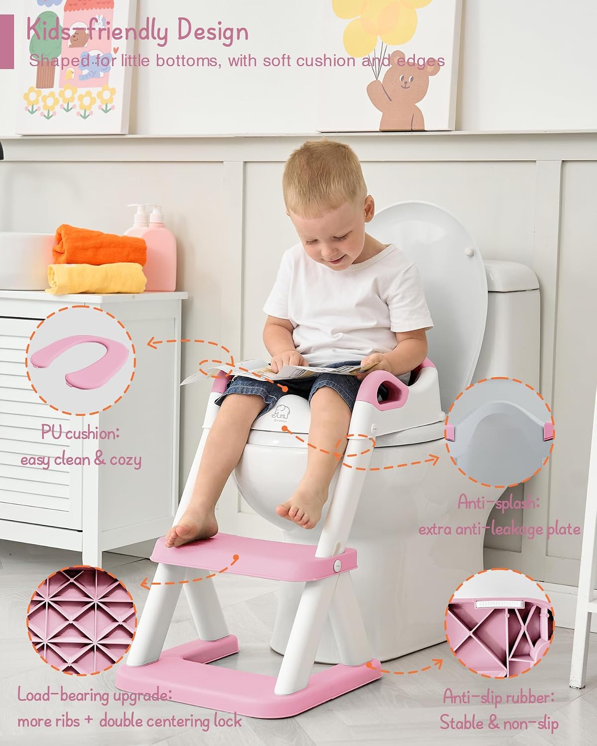 Potty Training Toilet Seat with Step Stool Ladder, Toddler Kids Potty Seat for Boys Girls, Non Slip Foldable Toilet Training Seat with Soft Cushion, Comfortable Handles (White-Grey)