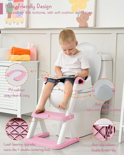 Potty Training Toilet Seat with Step Stool Ladder, Toddler Kids Potty Seat for Boys Girls, Non Slip Foldable Toilet Training Seat with Soft Cushion, Comfortable Handles (White-Grey)