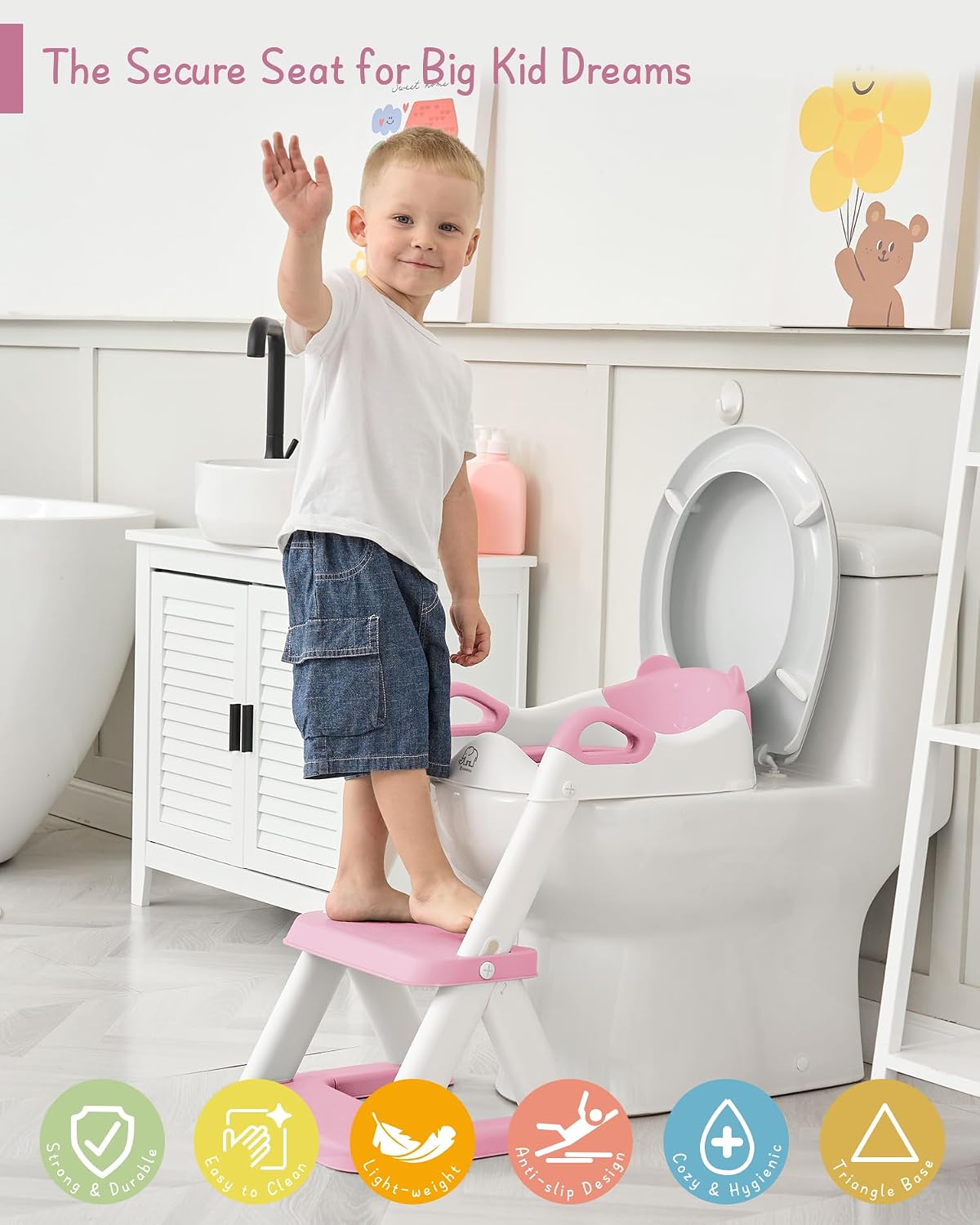 Potty Training Toilet Seat with Step Stool Ladder, Toddler Kids Potty Seat for Boys Girls, Non Slip Foldable Toilet Training Seat with Soft Cushion, Comfortable Handles (White-Grey)