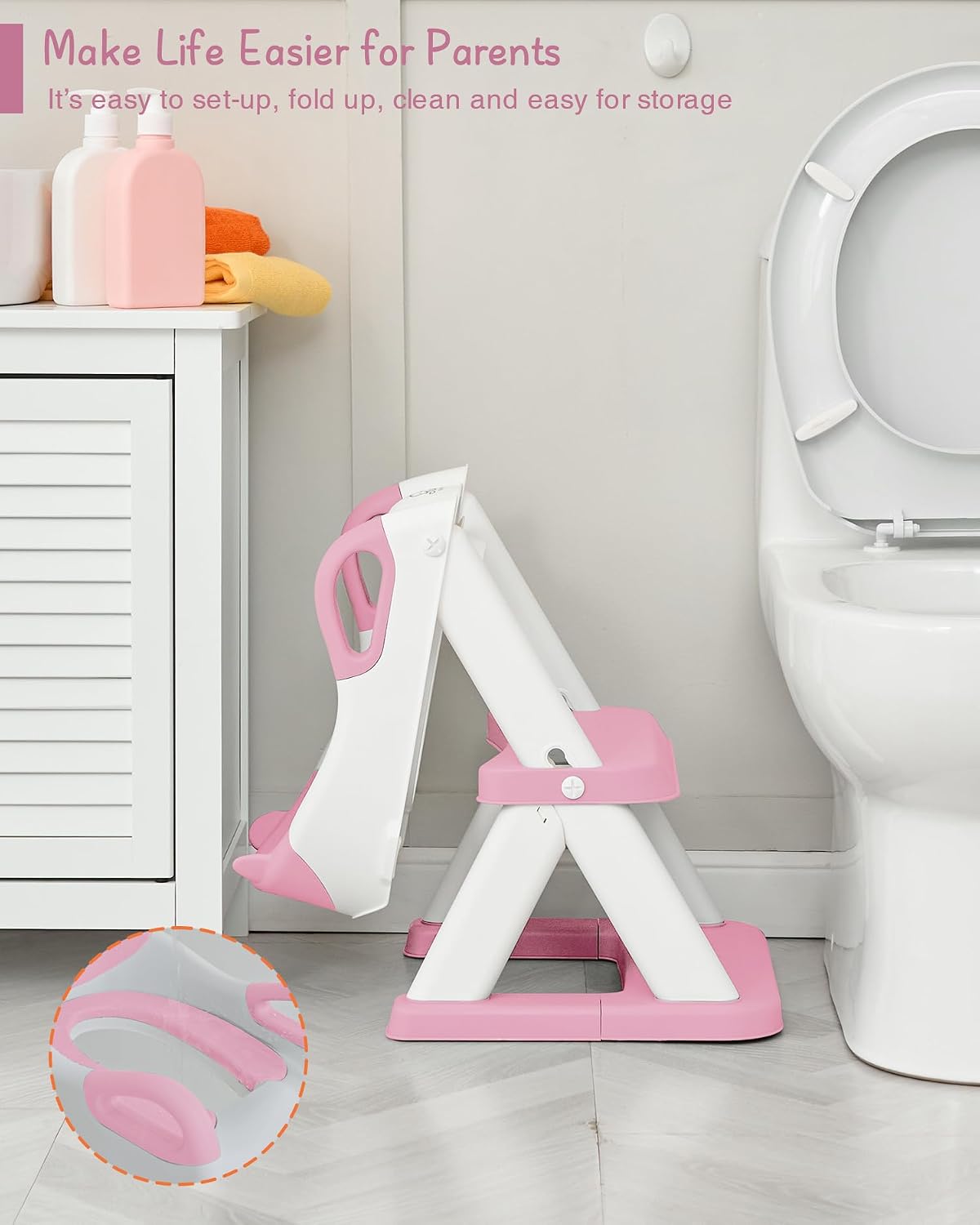 Potty Training Toilet Seat with Step Stool Ladder, Toddler Kids Potty Seat for Boys Girls, Non Slip Foldable Toilet Training Seat with Soft Cushion, Comfortable Handles (White-Grey)