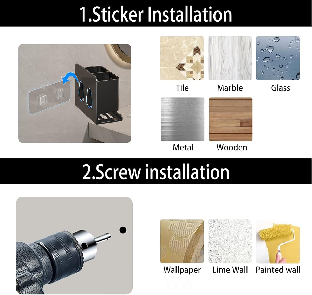 Black Toothbrush Holder wall Mount, Aluminum，No Drilling Required