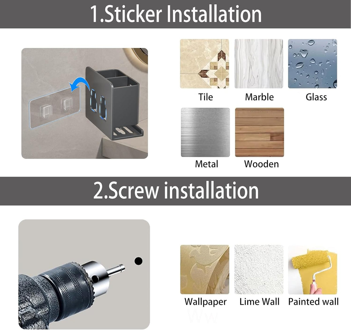 Black Toothbrush Holder wall Mount, Aluminum，No Drilling Required