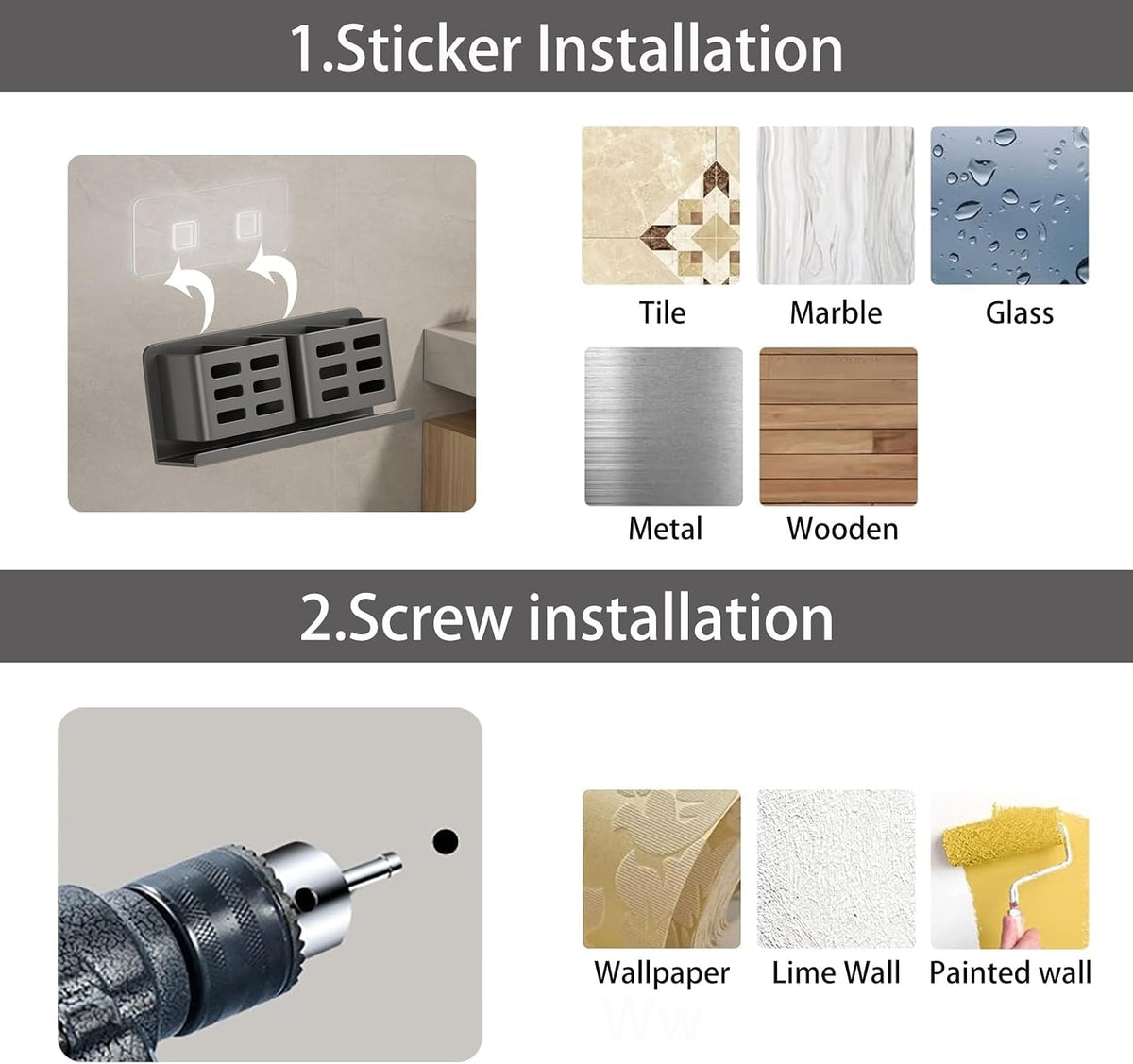 Black Toothbrush Holder wall Mount, Aluminum，No Drilling Required