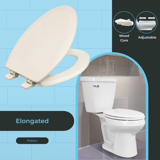 Elongated Toilet Seat, Slow Close, Wood Core/Plastic Finish, White | Heavy-Duty Wood Core with Plastic Scratch-Resistant Finish, Chrome Hinge, Made in the USA, 900SC-001