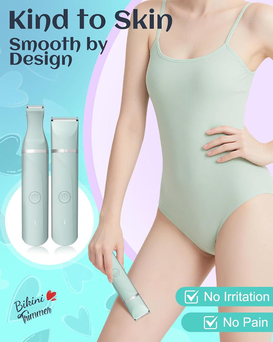 Bikini Trimmer Women,Electric Razor for Pubic Hair Women's Foil Shaver Rechargeable Shaver Removal with Snap-in Ceramic Blades,IP7X Waterproof,Wet and Dry Use,Green