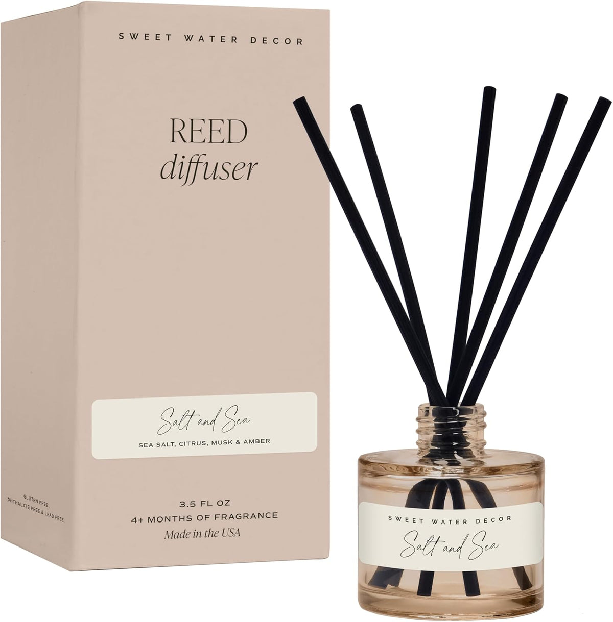 Salt and Sea Reed Diffuser - Sea Salt, Citrus, Musk & Amber Scent - Long-Lasting 4 Month Home Fragrance, Non-Toxic, Aesthetic Home & Bathroom Decor, Made in USA, 3.5 Fl Oz