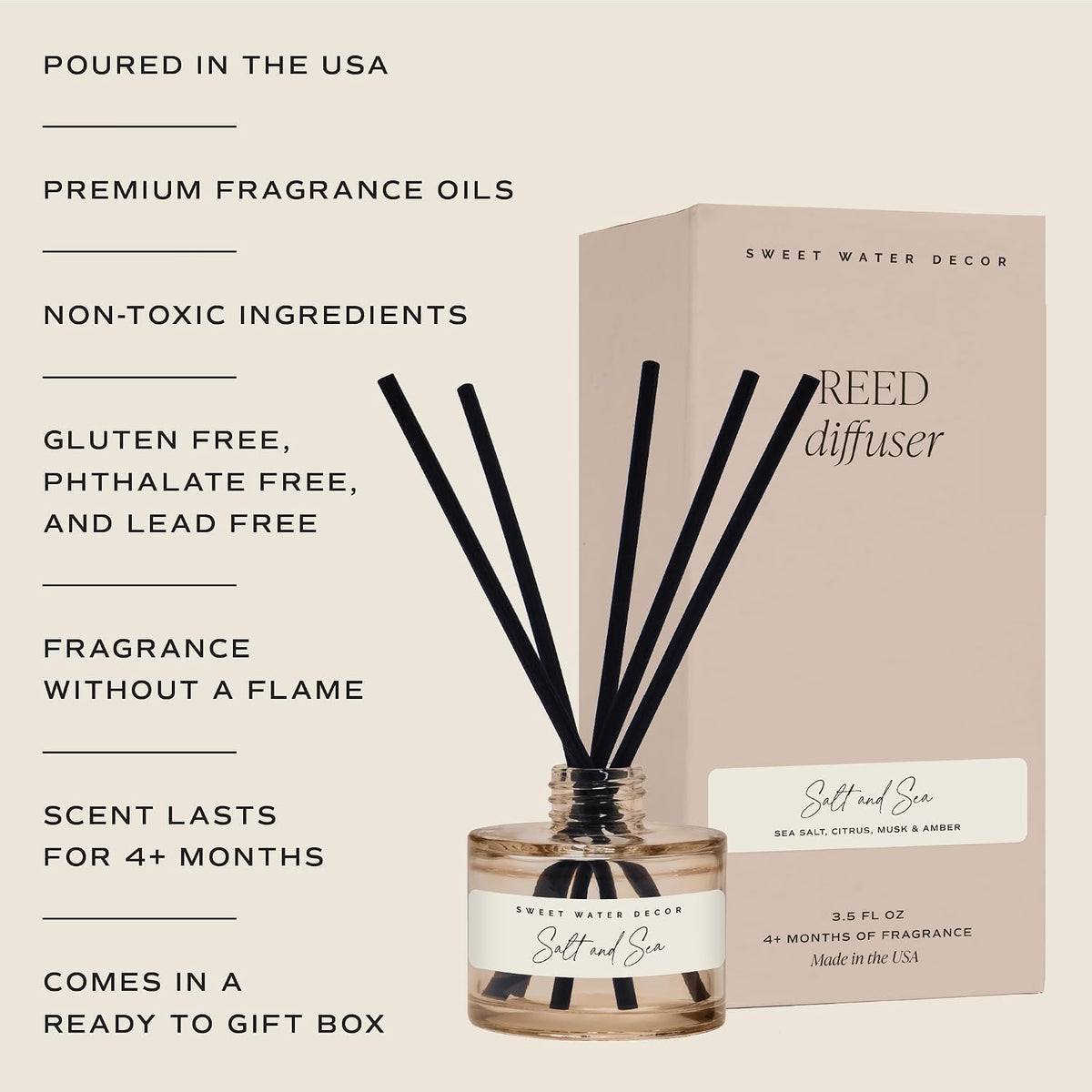 Salt and Sea Reed Diffuser - Sea Salt, Citrus, Musk & Amber Scent - Long-Lasting 4 Month Home Fragrance, Non-Toxic, Aesthetic Home & Bathroom Decor, Made in USA, 3.5 Fl Oz