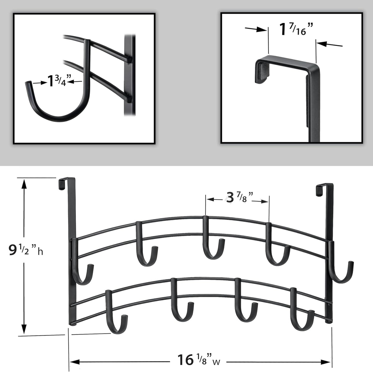 LYNK Professional® Home™ Over the Door Hooks - 9 Hook – Over the Door Coat Rack - Over the Door Hanger - Hanging Towels or Clothes - Bathroom, Bedroom, Laundry Room - Lifetime Ltd. Warranty, Black