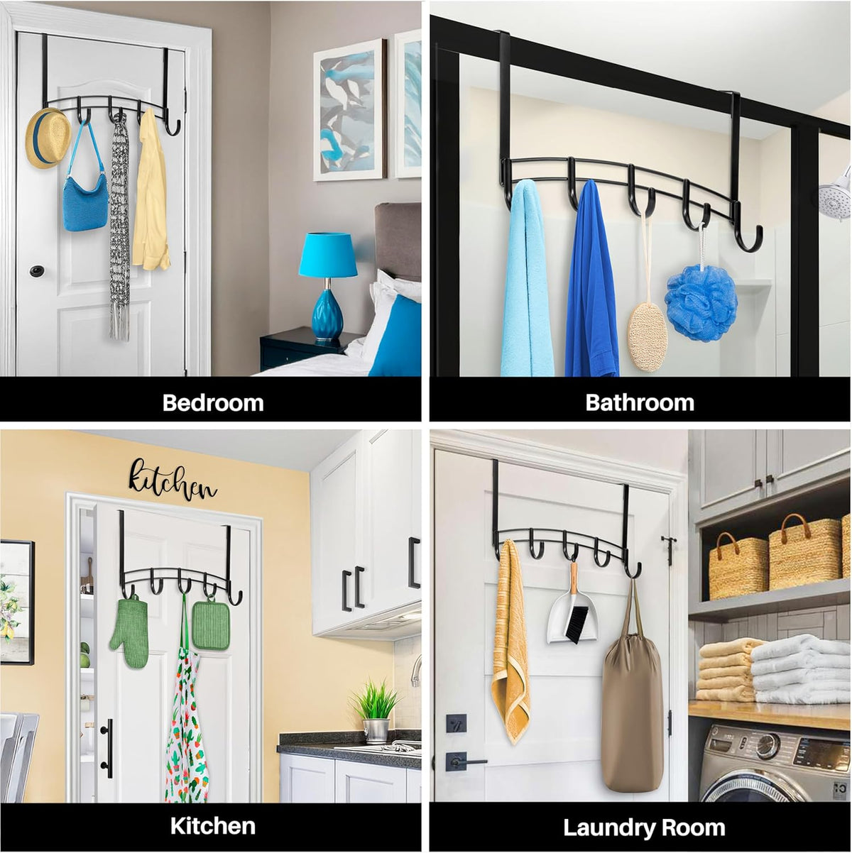 LYNK Professional® Home™ Over the Door Hooks - 9 Hook – Over the Door Coat Rack - Over the Door Hanger - Hanging Towels or Clothes - Bathroom, Bedroom, Laundry Room - Lifetime Ltd. Warranty, Black
