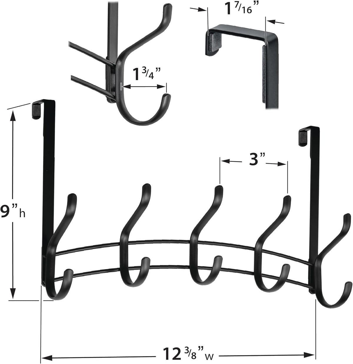 LYNK Professional® Home™ Over the Door Hooks - 9 Hook – Over the Door Coat Rack - Over the Door Hanger - Hanging Towels or Clothes - Bathroom, Bedroom, Laundry Room - Lifetime Ltd. Warranty, Black