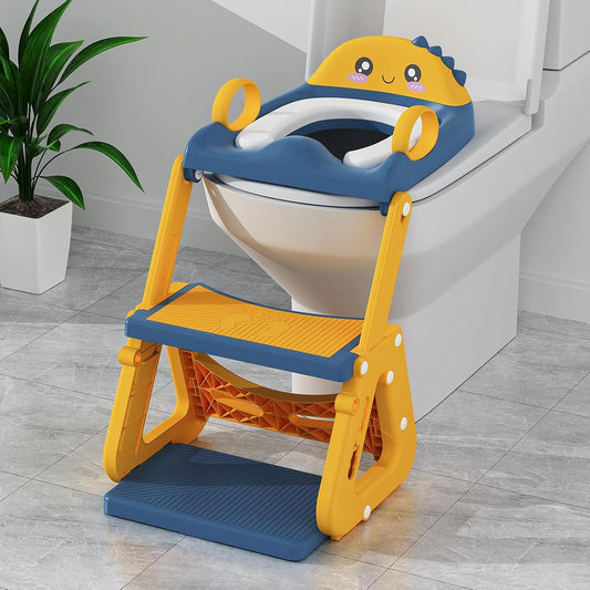 Potty Training Seat, Upgrade 2 in 1 Potty Training Toilet with Step Stool Foldable Toddler Toilet Seat for Kids Boys Girls Toddler Potty with Splash Guard Anti-Slip Pad Adjustable Ladder & Seat Height