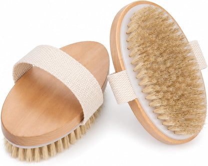 Dry Body Brush 2 Pack, Natural Boar Bristle Exfoliating Brush