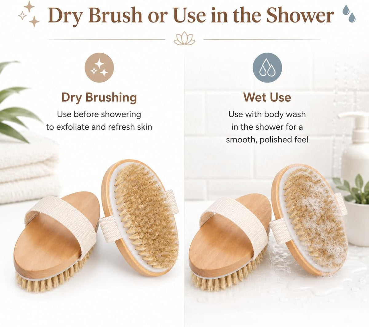 Dry Body Brush 2 Pack, Natural Boar Bristle Exfoliating Brush