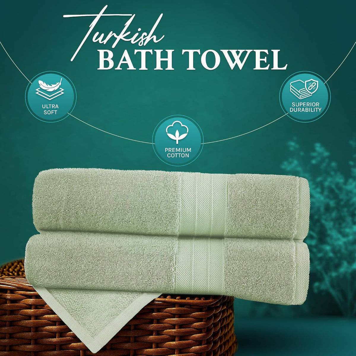 Luxury Bath Towels Extra Large Fluffy Set of 2 Plush Hotel Towel for Bathroom Luxury Made from Soft Superior Turkish Cotton, Thick, Absorbent, Easy Dry, Durable (Green - 30x56)