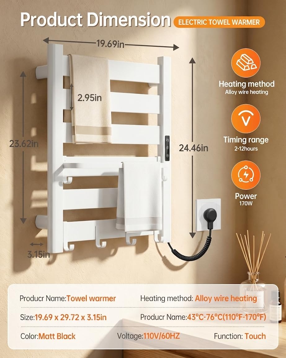 Wall Mounted Heated Towel Rack, 6-Bar Towel Warmer for Bathroom | PTC Fast Heating Up to 170°F in 6 Minutes, Adjustable Temperature 110–170°F, 2–12H Timer, Space Aluminum, Matte Black
