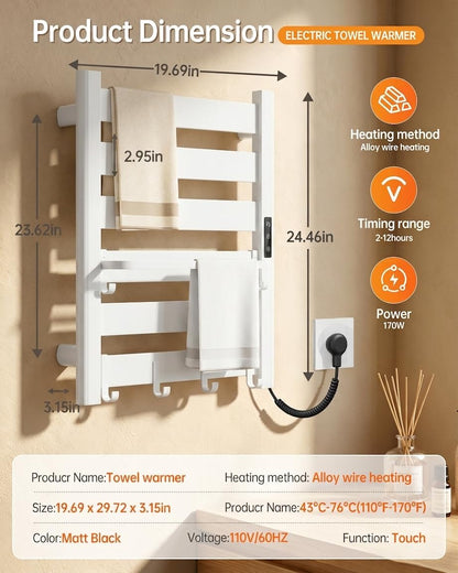 Wall Mounted Heated Towel Rack, 6-Bar Towel Warmer for Bathroom | PTC Fast Heating Up to 170°F in 6 Minutes, Adjustable Temperature 110–170°F, 2–12H Timer, Space Aluminum, Matte Black
