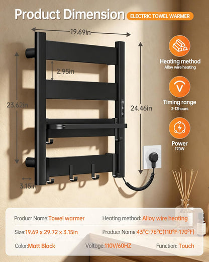 Wall Mounted Heated Towel Rack, 6-Bar Towel Warmer for Bathroom | PTC Fast Heating Up to 170°F in 6 Minutes, Adjustable Temperature 110–170°F, 2–12H Timer, Space Aluminum, Matte Black