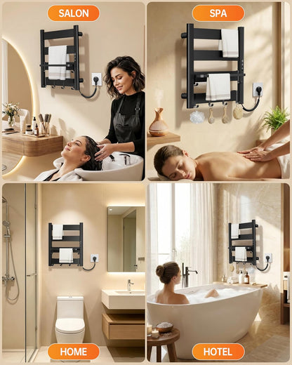 Wall Mounted Heated Towel Rack, 6-Bar Towel Warmer for Bathroom | PTC Fast Heating Up to 170°F in 6 Minutes, Adjustable Temperature 110–170°F, 2–12H Timer, Space Aluminum, Matte Black