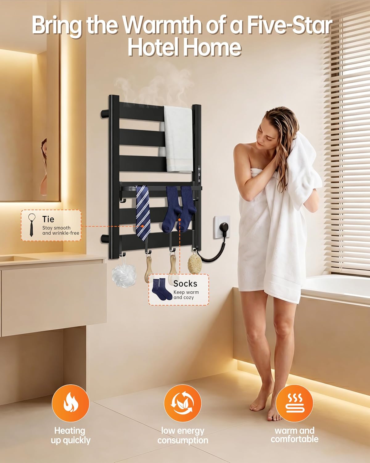 Wall Mounted Heated Towel Rack, 6-Bar Towel Warmer for Bathroom | PTC Fast Heating Up to 170°F in 6 Minutes, Adjustable Temperature 110–170°F, 2–12H Timer, Space Aluminum, Matte Black