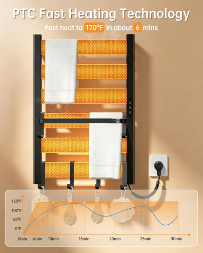 Wall Mounted Heated Towel Rack, 6-Bar Towel Warmer for Bathroom | PTC Fast Heating Up to 170°F in 6 Minutes, Adjustable Temperature 110–170°F, 2–12H Timer, Space Aluminum, Matte Black