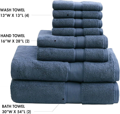 800GSM 100% Cotton Bathroom Bath Towel Set of 8, Grey | Long Staple, Highly Absorbent, Durable Hotel Spa Quality, Quick Dry, Double Stitched Hems, Lint Reducing, OEKO-TEX Certified - Colors B