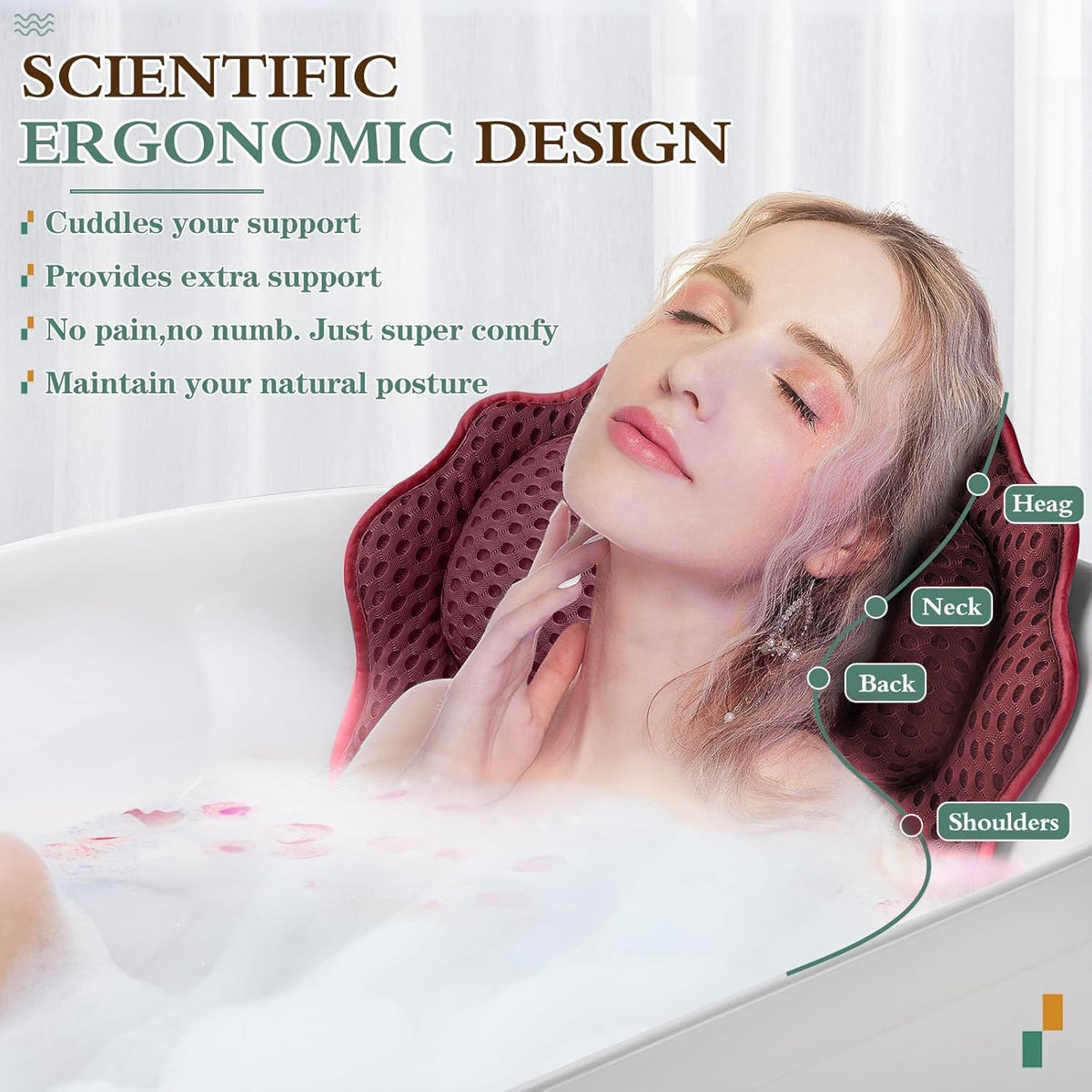 Bath Pillow Ergonomic Luxury Bathtub Pillow with Head,Neck, Shoulder and Back Support, 4D Bath Pillows for tub with 6 Powerful Suction Cups, Fits All Bathtub, Spa Tub, Hot Jacuzzi (Black)