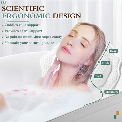 Bath Pillow Ergonomic Luxury Bathtub Pillow with Head,Neck, Shoulder and Back Support, 4D Bath Pillows for tub with 6 Powerful Suction Cups, Fits All Bathtub, Spa Tub, Hot Jacuzzi (Black)