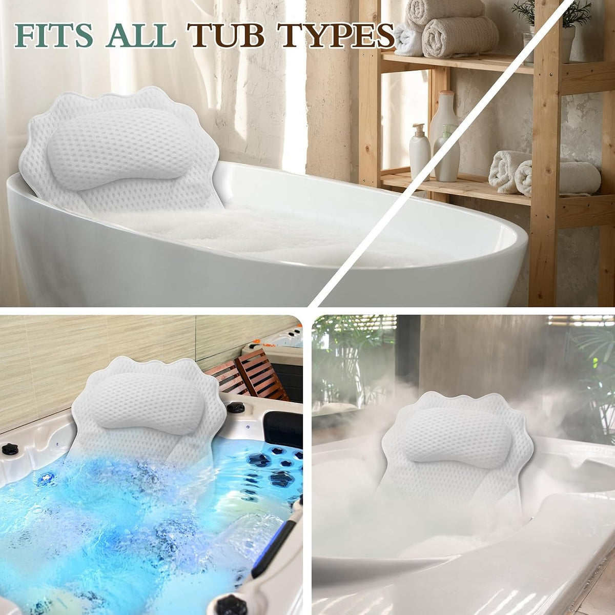 Bath Pillow Ergonomic Luxury Bathtub Pillow with Head,Neck, Shoulder and Back Support, 4D Bath Pillows for tub with 6 Powerful Suction Cups, Fits All Bathtub, Spa Tub, Hot Jacuzzi (Black)