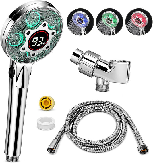 LED Shower Head with Handheld, Color Changing | with Water Temperature Display, Water Saving Spray Showerhead with 59" Hose and Shower Bracket for Low Water Pressure, Chrome