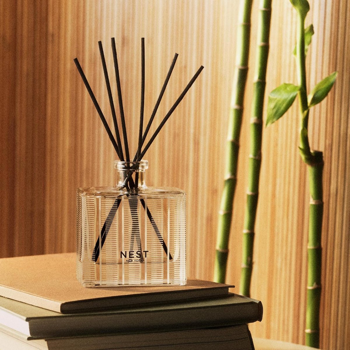 Reed Diffuser, Bamboo - 5.9 fl oz - Fragrance for Up to 90 Days - Reusable, Refillable Glass Holder - Includes 8 All-Natural Reed Sticks - Flame Free