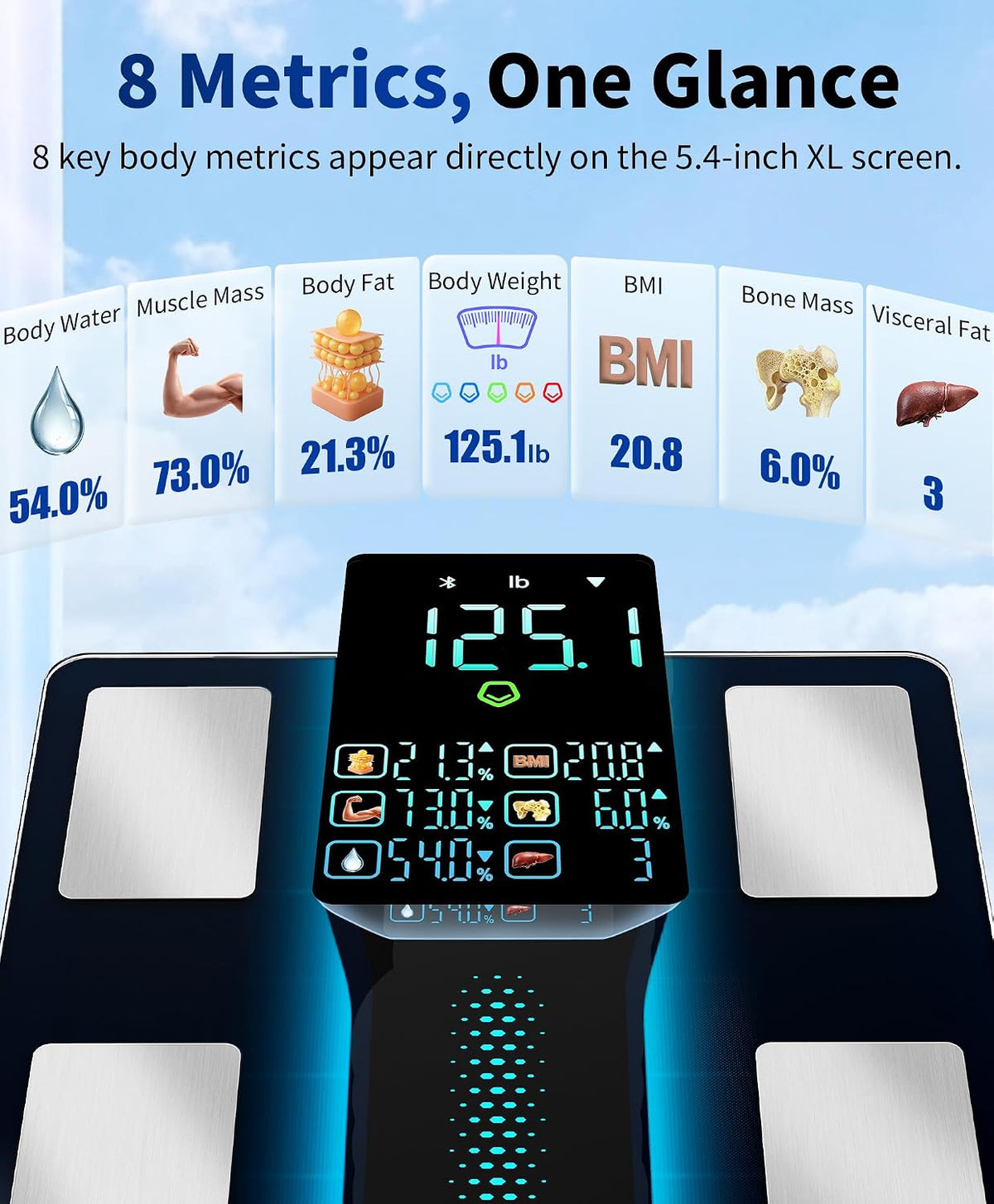 Smart Scale with BMI, Body Fat, Muscle Mass, 8-in-1 Display