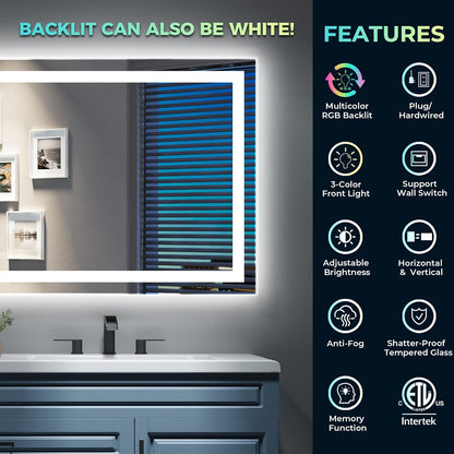 60x36 LED Bathroom Mirror with Lights, Lighted Vanity Mirror - Colors A