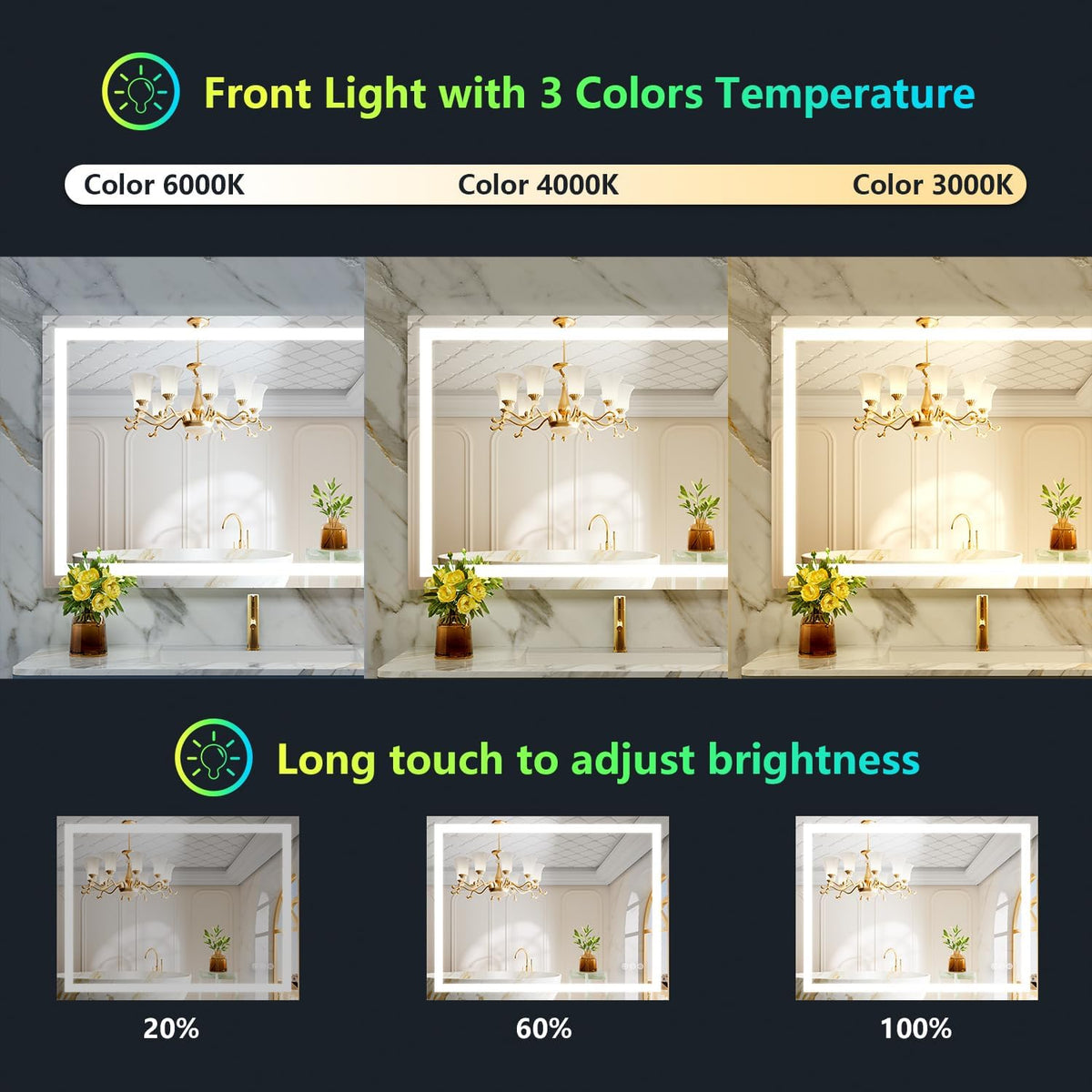 60x36 LED Bathroom Mirror with Lights, Lighted Vanity Mirror - Colors A