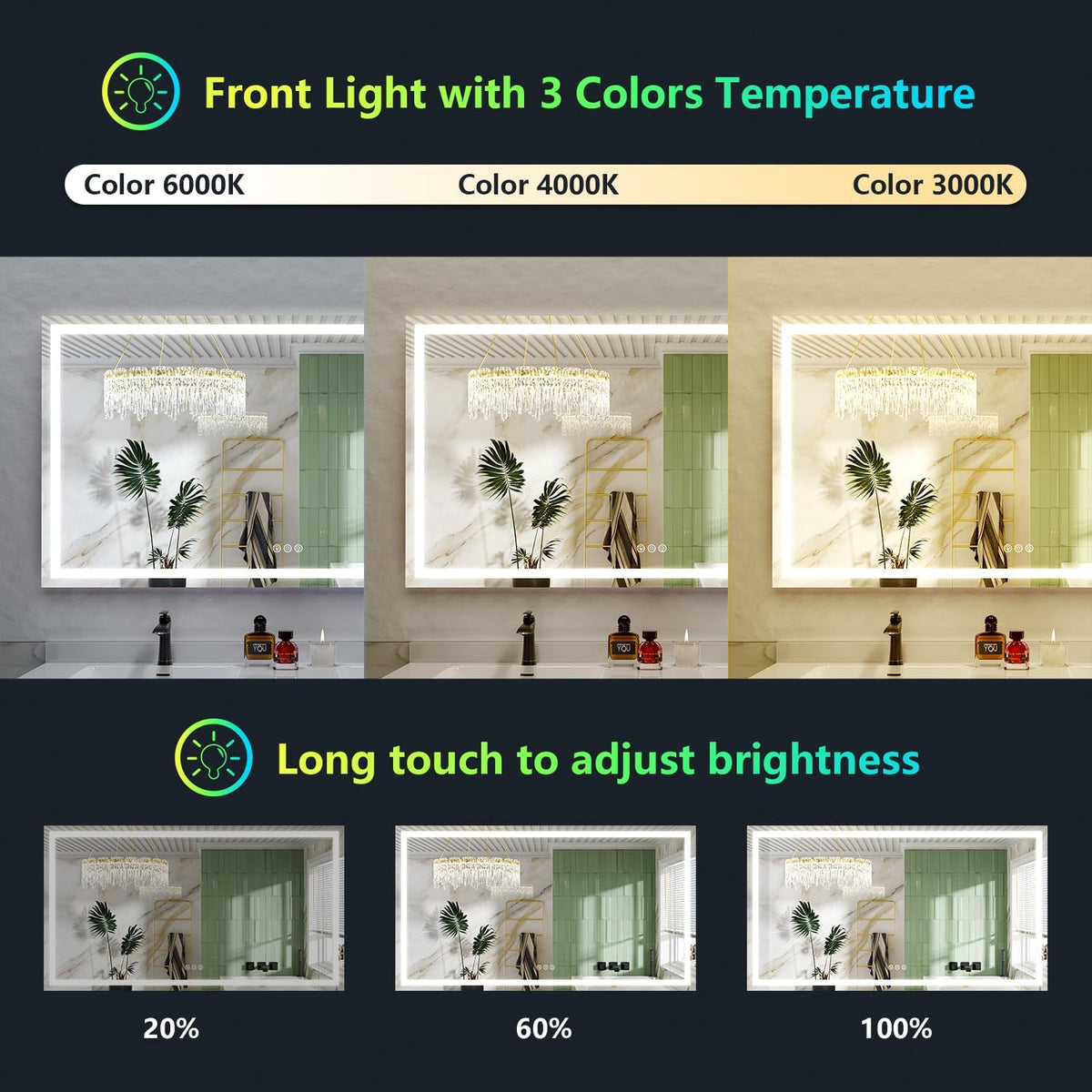60x36 LED Bathroom Mirror with Lights, Lighted Vanity Mirror - Colors A