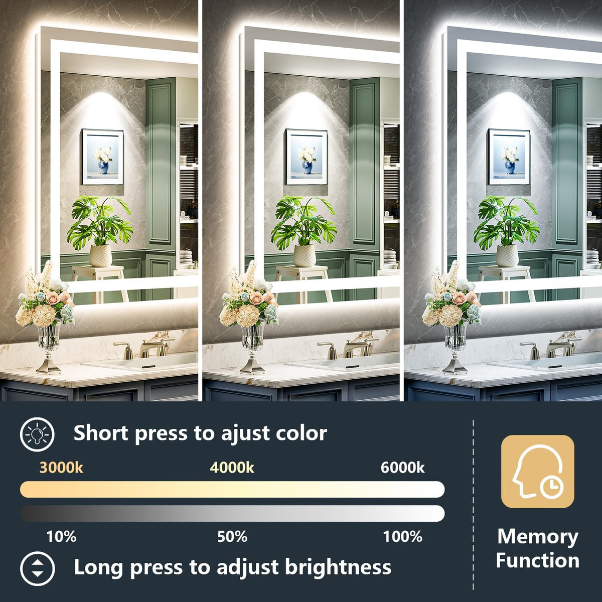 60x36 LED Bathroom Mirror with Lights, Lighted Vanity Mirror - Colors A