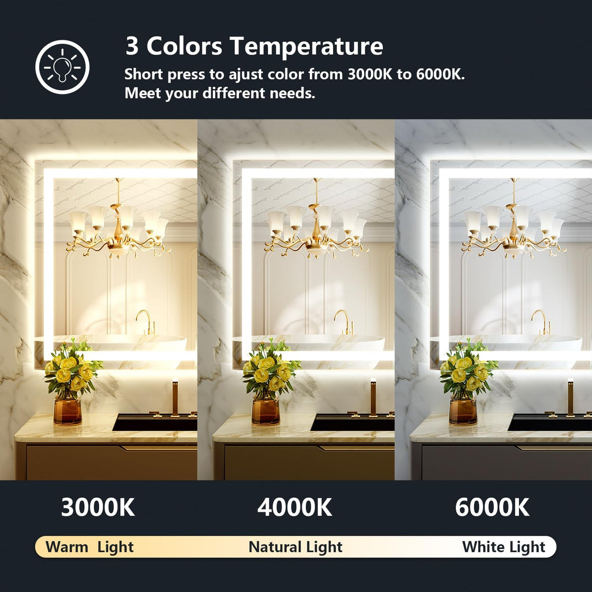 60x36 LED Bathroom Mirror with Lights, Lighted Vanity Mirror - Colors A