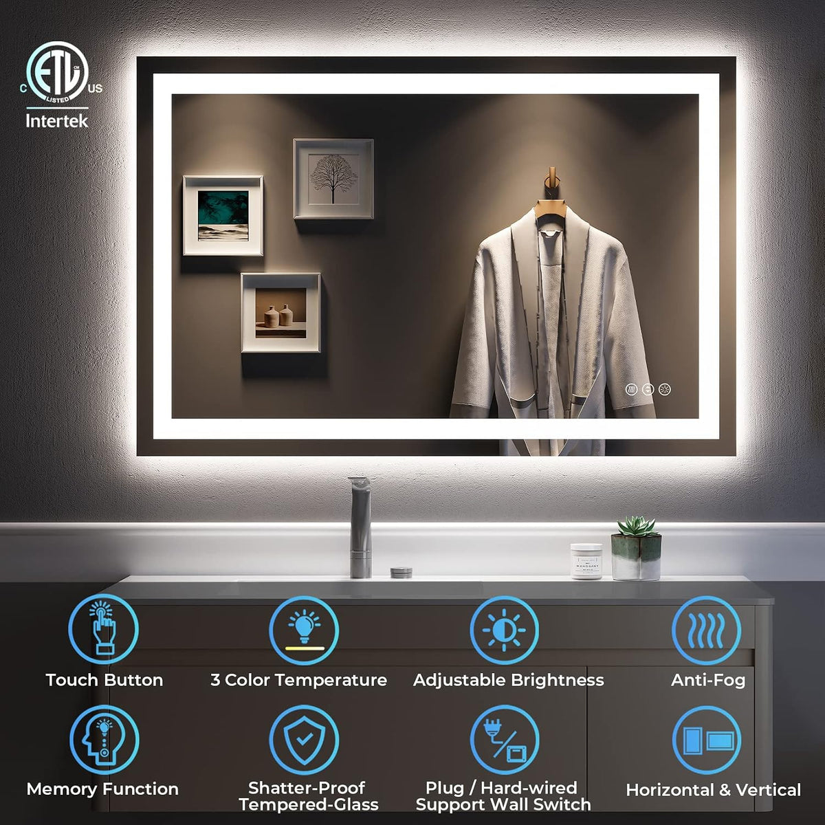 60x36 LED Bathroom Mirror with Lights, Lighted Vanity Mirror - Colors A