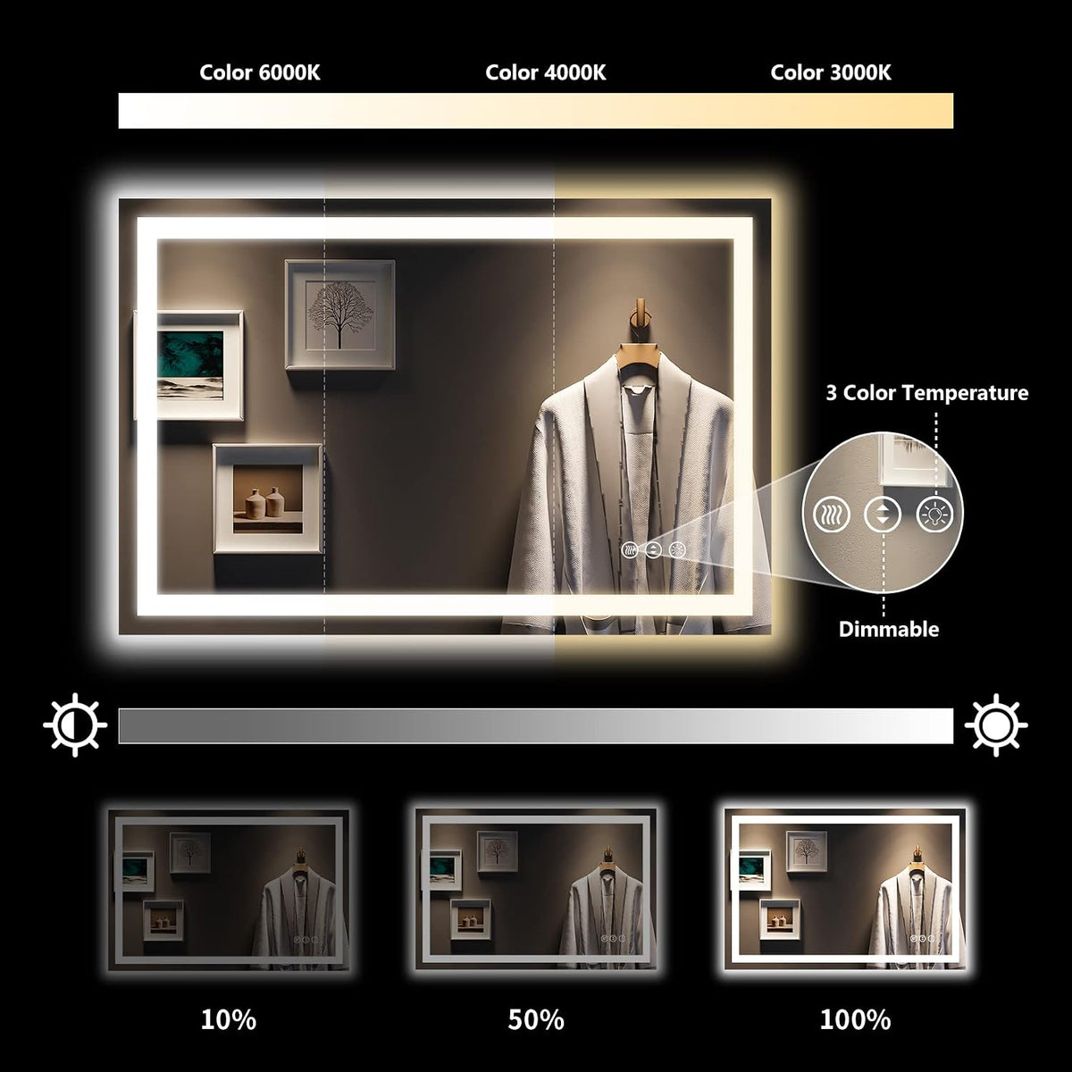 60x36 LED Bathroom Mirror with Lights, Lighted Vanity Mirror - Colors A