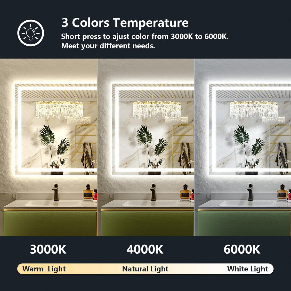 60x36 LED Bathroom Mirror with Lights, Lighted Vanity Mirror - Colors A