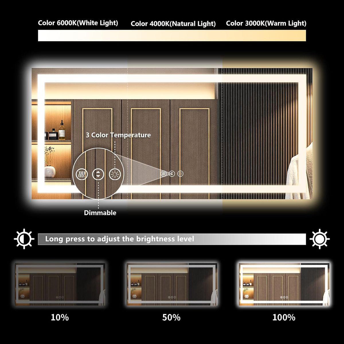 60x36 LED Bathroom Mirror with Lights, Lighted Vanity Mirror - Colors A