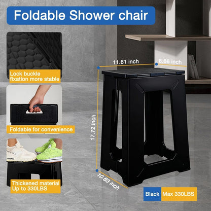 Foldable Bath Shower Chair, 17.7 Inches Height Anti-Slip Waterproof Plastic Shower Seat for Seniors,Shower Stool for Inside Shower,Holds Up to 330 lbs,Black