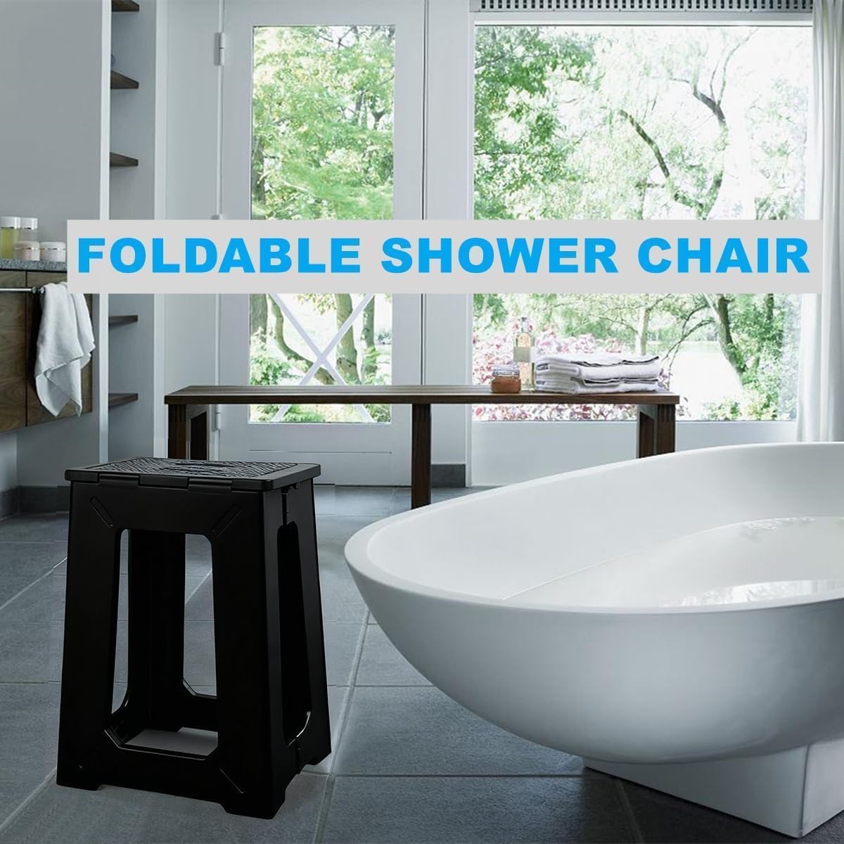 Foldable Bath Shower Chair, 17.7 Inches Height Anti-Slip Waterproof Plastic Shower Seat for Seniors,Shower Stool for Inside Shower,Holds Up to 330 lbs,Black