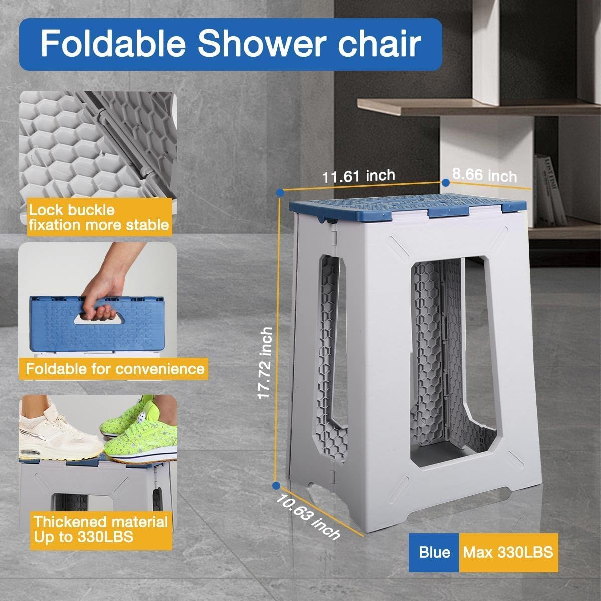 Foldable Bath Shower Chair, 17.7 Inches Height Anti-Slip Waterproof Plastic Shower Seat for Seniors,Shower Stool for Inside Shower,Holds Up to 330 lbs,Black