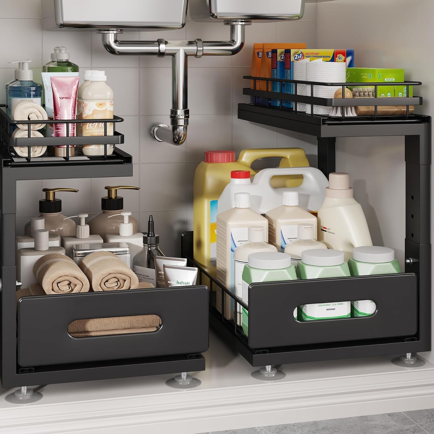 Upgrade To Professional Rails,2-Tier Dual Pull Out Cabinet Storage,Height Adjustable Slide Out Drawers For Bathroom Kitchen,2 Pack-14.5" Dx12.8-16.9" H,White