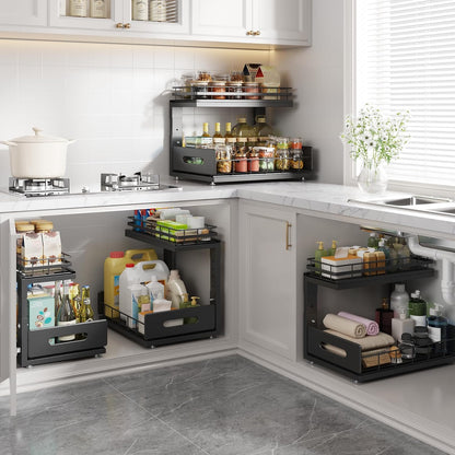 Upgrade To Professional Rails,2-Tier Dual Pull Out Cabinet Storage,Height Adjustable Slide Out Drawers For Bathroom Kitchen,2 Pack-14.5" Dx12.8-16.9" H,White
