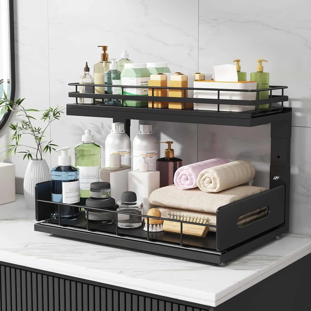 Upgrade To Professional Rails,2-Tier Dual Pull Out Cabinet Storage,Height Adjustable Slide Out Drawers For Bathroom Kitchen,2 Pack-14.5" Dx12.8-16.9" H,White