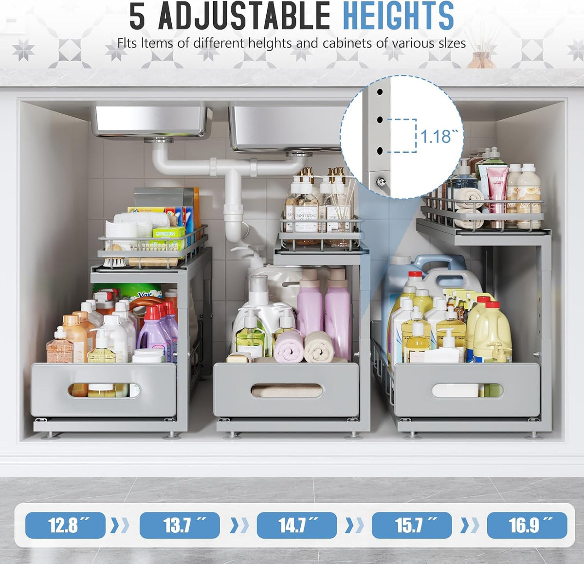 Upgrade To Professional Rails,2-Tier Dual Pull Out Cabinet Storage,Height Adjustable Slide Out Drawers For Bathroom Kitchen,2 Pack-14.5" Dx12.8-16.9" H,White