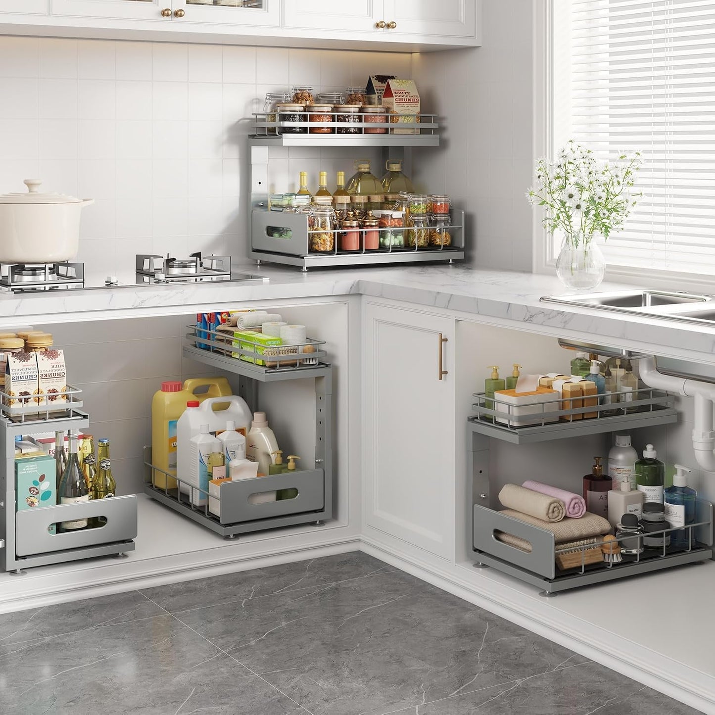 Upgrade To Professional Rails,2-Tier Dual Pull Out Cabinet Storage,Height Adjustable Slide Out Drawers For Bathroom Kitchen,2 Pack-14.5" Dx12.8-16.9" H,White